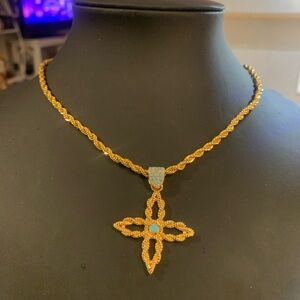 Elegant Gold and Blue Cross Pendant Necklace